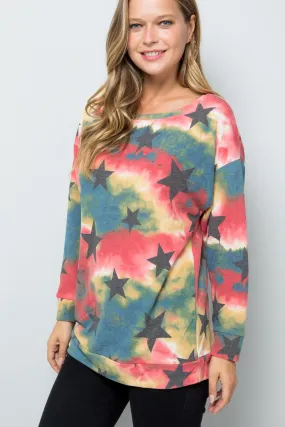 Tie-Dye Star Round Neck Long Sleeve T-Shirt