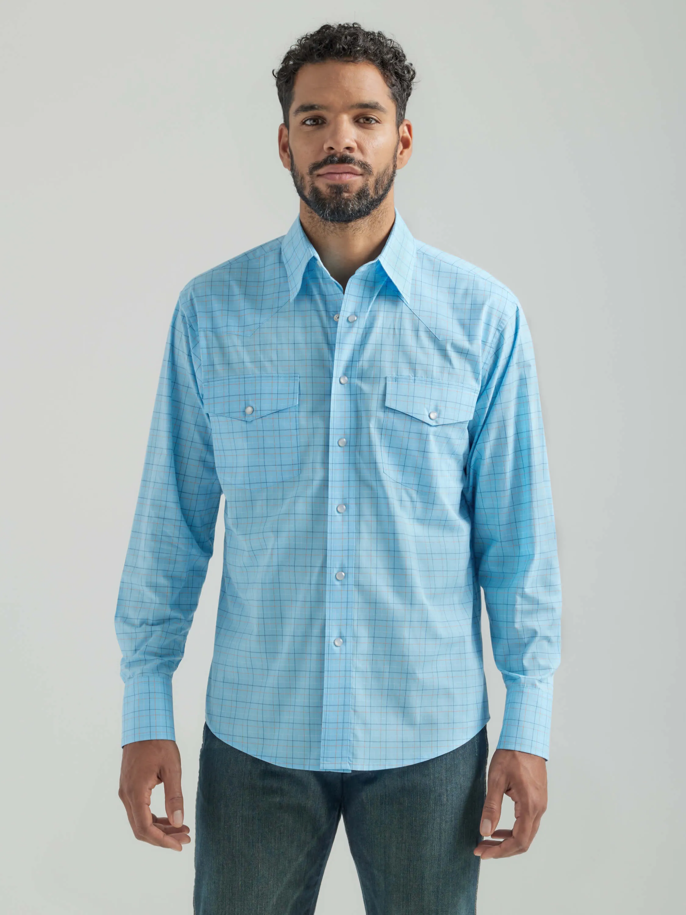 Wrangler | Wrinkle Resist Blue LS Plaid Snap Shirt